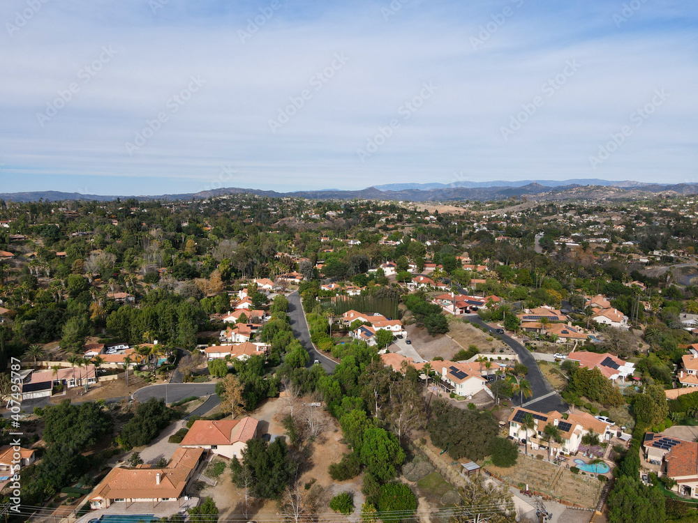 Aerial view of green valley with villas in The East Canyon Area of Escondido, San Diego, California