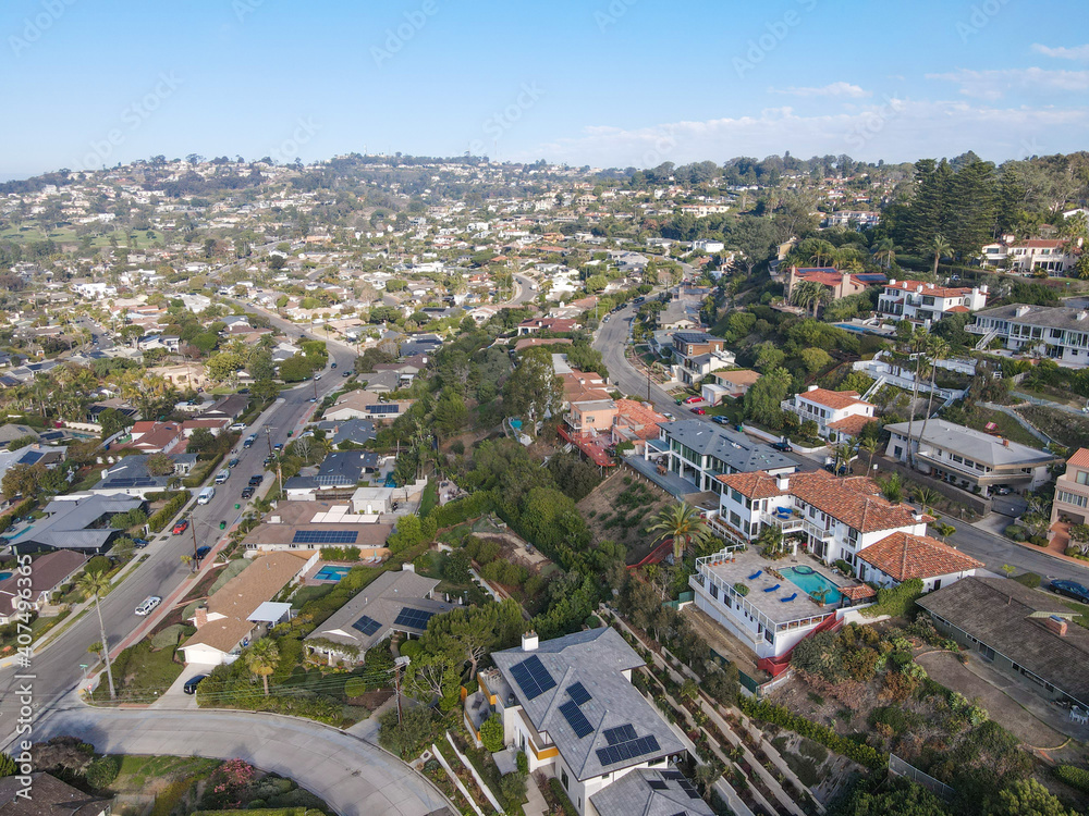 Aerial view of small valley with big mansions in La Jolla Hermosa, San Diego, California, USA