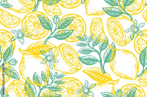 Seamless summer pattern with slices and whole lemons.