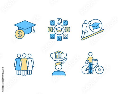 College life RGB color icons set. Tuition fee. Education cost. Campus lifestyle. University hardship. Woman group. Freshman homesickness. Riding bicycle. Isolated vector illustrations