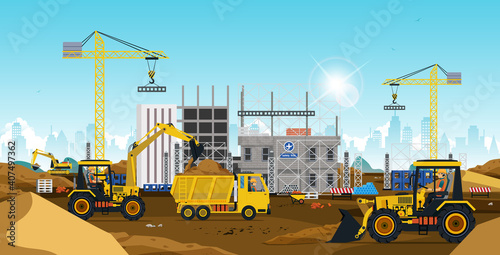 Construction site workers building a city in the desert.