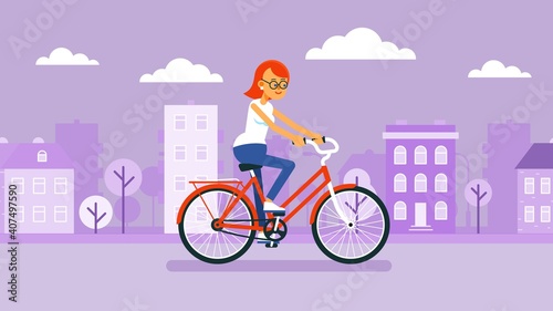 Girl rides bicycle on the cityscape background. Woman cyclist. Vector illustration.