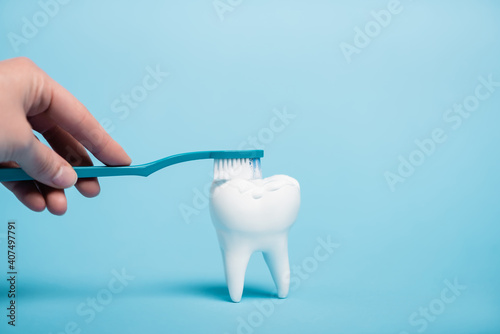 Cropped view of woman brushing white tooth model with toothbrush and toothpaste on blue background