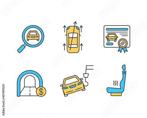 Car service RGB color icons set. Automobile insurance. Automotive transport replacement. Tollway, tunnel toll cost, charges. Steering alignment. Vehicle insurance. Isolated vector illustrations