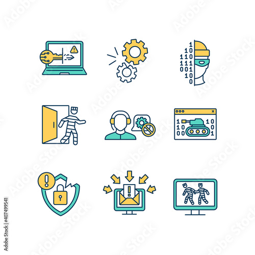 Cybersecurity RGB color icons set. Keystroke logging, keylogging. Computer program development. Online data encryption. Backdoor hacker attack. Security breach. Isolated vector illustrations