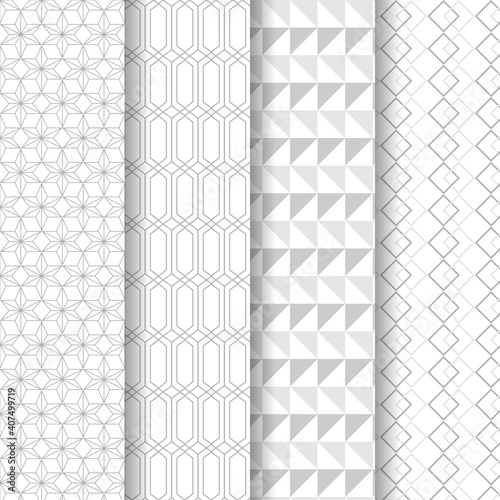 Set of 4 seamless patterns. Background with white and gray geometric shapes