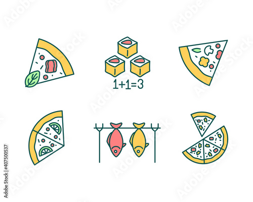 Pizzeria menu RGB color icons set. Pepperoni pizza slices. Special offer for fast food. Italian cuisine. Hot smoked fish. Tuna preparation for dinner. Isolated vector illustrations