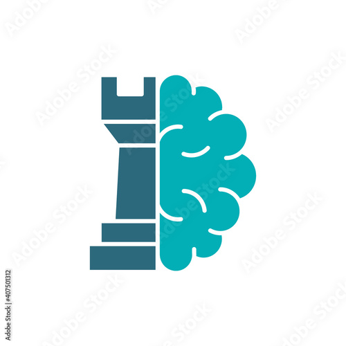 Rook chess with brain colored icon. Board game, table entertainment symbol