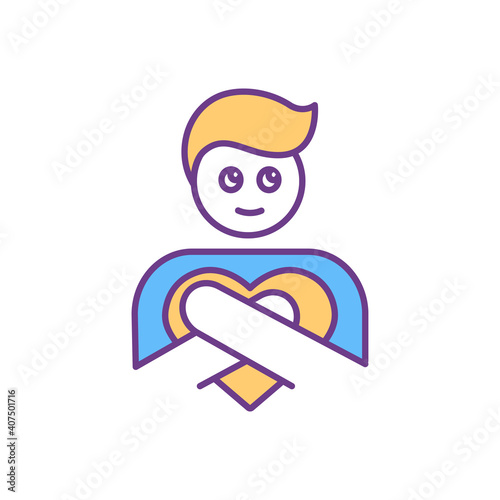 Self-compassion and self-love RGB color icon. Self acceptance. Mental health. Positive attitude. Empathy and sympathy for yourself. Psychological treatment. Isolated vector illustration