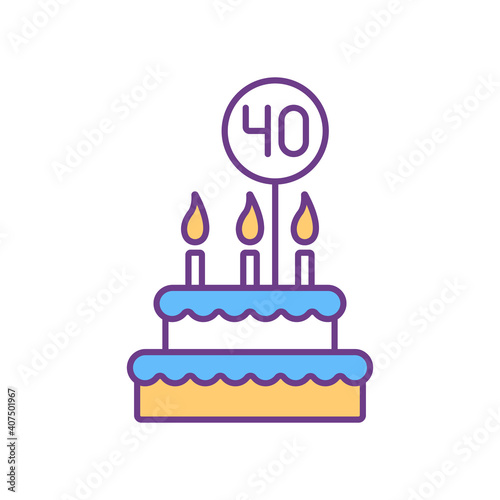 40 birthday cake RGB color icon. Fourty years anniversary celebration. Festive cake with candles, icing and decorations. Special occasion. Congratulate with birthday. Isolated vector illustration