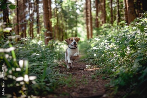 Beagel läuft und spielt im Wald. Jagdhund beim Laufen. 