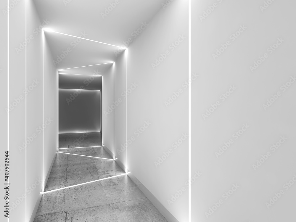  LED stripes illumination. Abstract minimal interior 3 d
