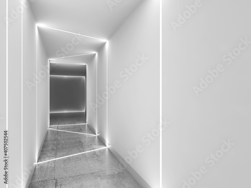  LED stripes illumination. Abstract minimal interior 3 d