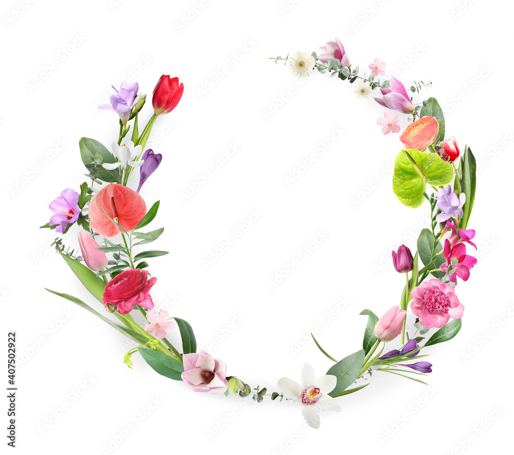 Wreath made of beautiful flowers on white background