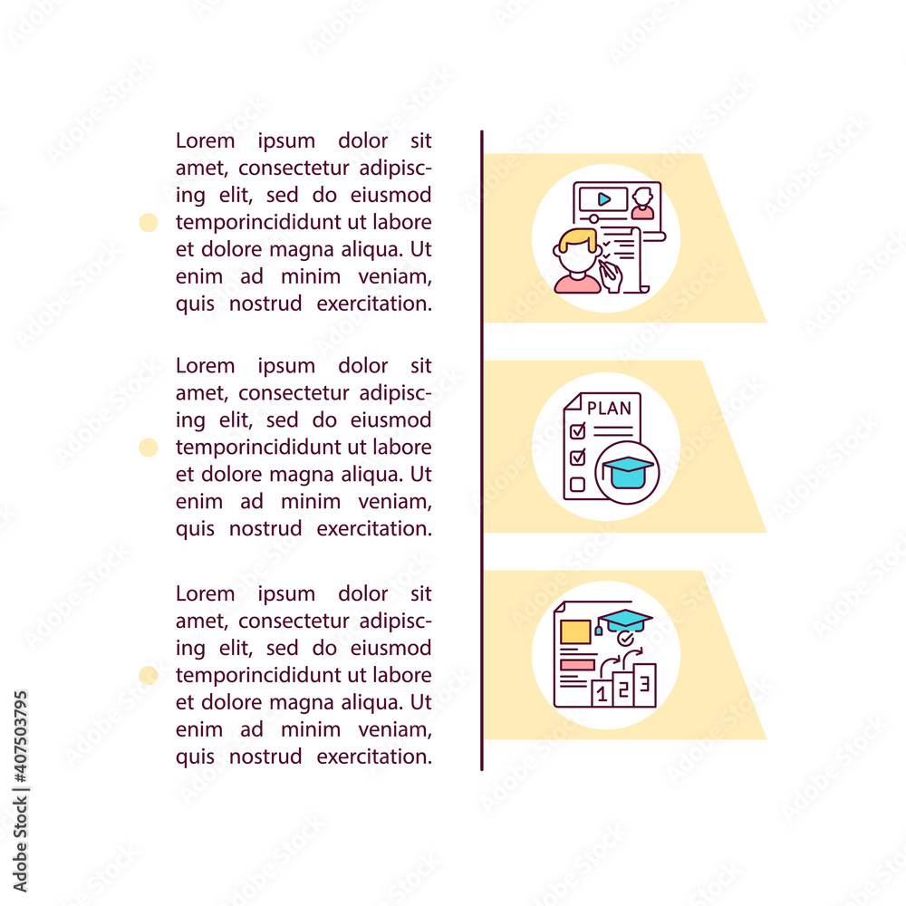 Obraz premium Up-to-date curriculum concept icon with text. Lessons and academic content. Materials and assignments. PPT page vector template. Brochure, magazine, booklet design element with linear illustrations