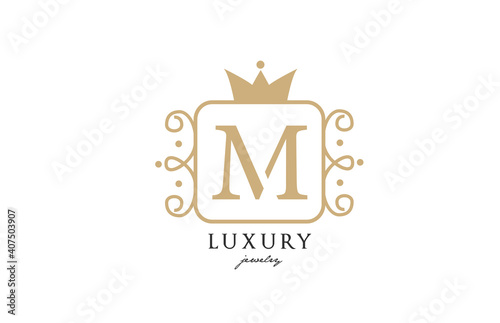 M simple yellow monogram alphabet letter logo. Creative icon design with king crown for luxury business and company
