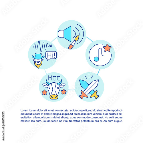 Sound design concept icon with text. Creating audio tracks for video games. Making auditory elements. PPT page vector template. Brochure, magazine, booklet design element with linear illustrations