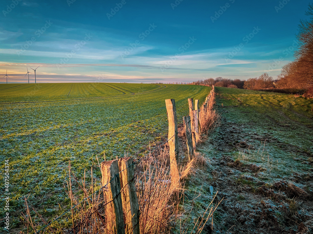the old pasture fence borders a field and the sky is blue the old pasture fence borders a field and the sky is blue