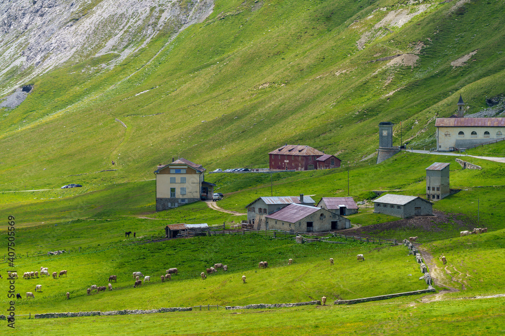 Mountain landscape along the road to Stelvio pass (Lombardy) at summer