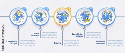 Game designer skills vector infographic template. Composition and light presentation design elements. Data visualization with 5 steps. Process timeline chart. Workflow layout with linear icons