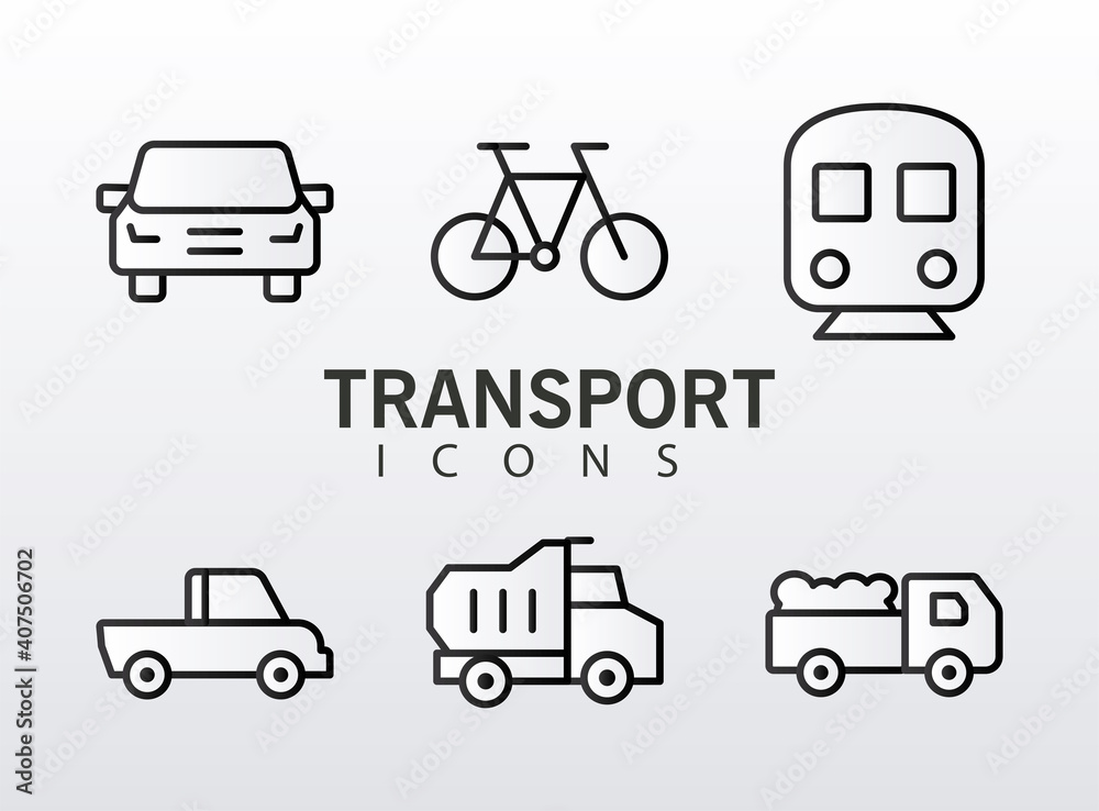 bundle of six conveyance transport line style set icons and lettering bundle of six conveyance transport line style set icons and lettering