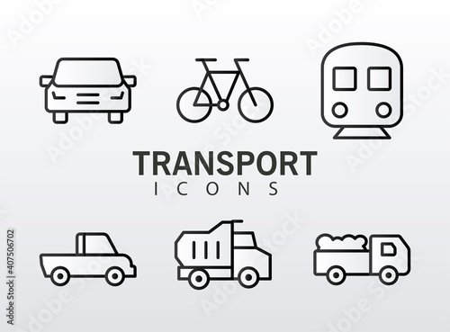 bundle of six conveyance transport line style set icons and lettering