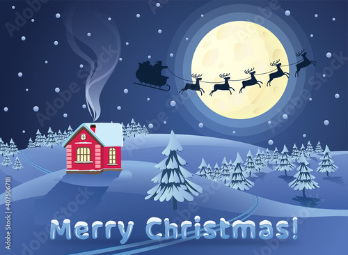 Cristmas snowing landscape with going santa at front the moon