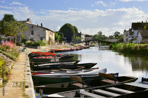 Coulon (79510) et ses barques en épis sur la Sèvre Niortaise, département des Deux-Sèvres en région Nouvelle-Aquitaine, France. photo
