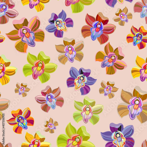 Seamless floral pattern with bright pink purple orchid phalaenopsis on light background. Exotic tropical flowers. Vector design illustration for fashion  fabric  textile  decoration.