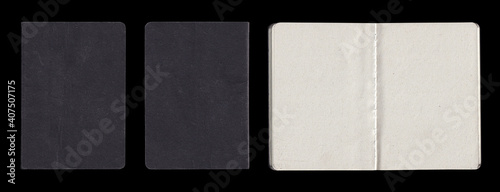 Old Black Gray Shabby Notebook Notepad Book Booklet. Back Front Inside. Paper Texture Isolated on Black