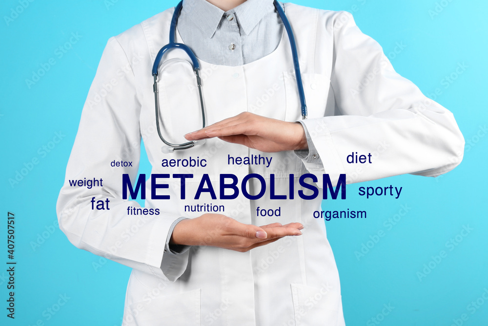 Metabolism concept. Doctor presenting scheme on blue background, closeup Metabolism concept. Doctor presenting scheme on blue background, closeup