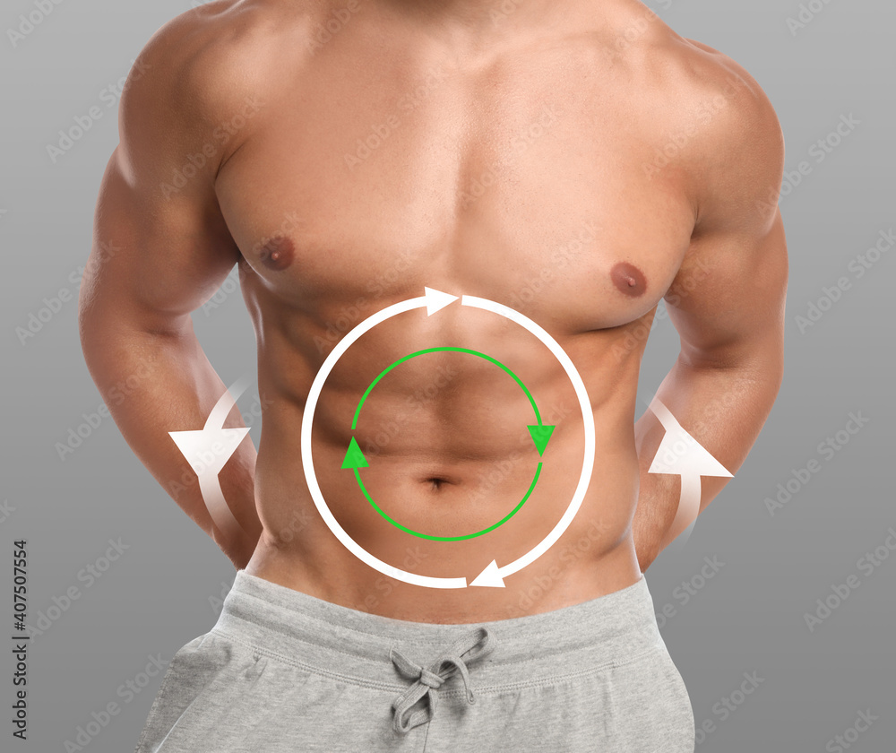 Metabolism concept. Man with perfect body on grey background, closeup - obrazy, fototapety, plakaty 