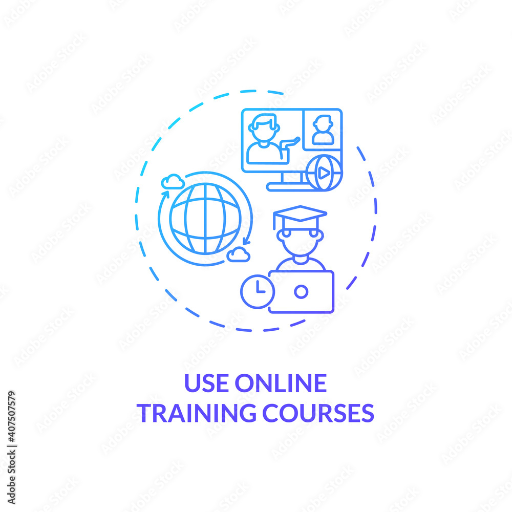 Using online training courses concept icon. Staff reboarding tip idea thin line illustration. Self-directed training. Self-discipline and responsibility. Vector isolated outline RGB color drawing Using online training courses concept icon. Staff reboarding tip idea thin line illustration. Self-directed training. Self-discipline and responsibility. Vector isolated outline RGB color drawing
