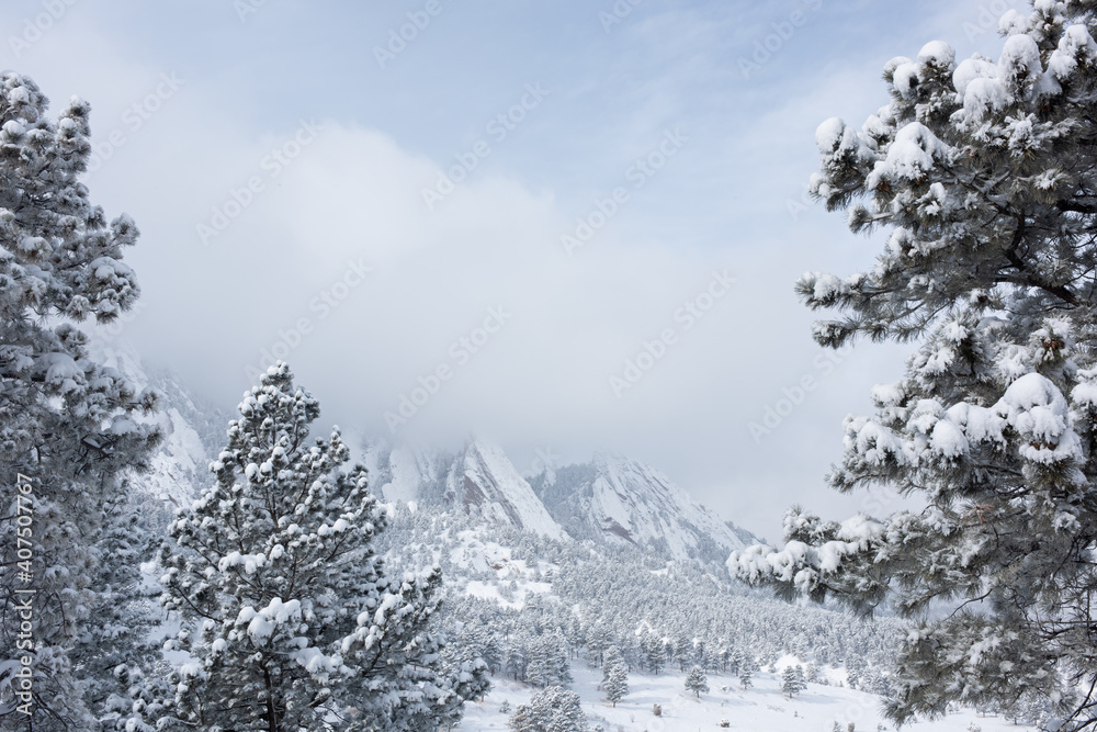 Foggy winter landscape of the Flatirons flocked with snow, Front Range, Rocky Mountains, Boulder, Colorado, USA