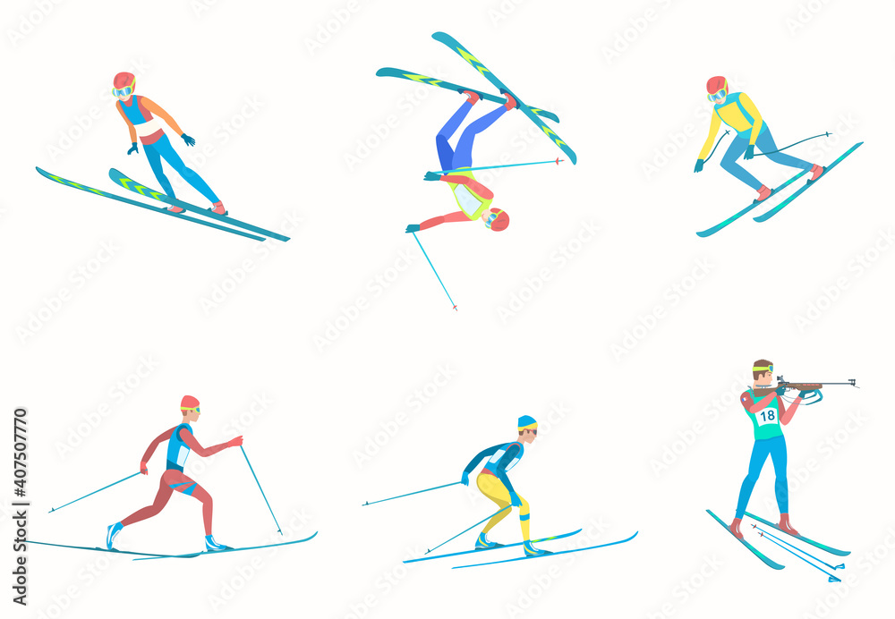 Set of athletes winter sports with skis. Set of athletes winter sports with skis.