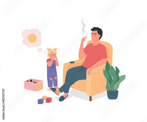 Smoking father with sad child flat color vector detailed characters. Bad habits, drug addiction. Kid neglect. Unhealthy lifestyle isolated cartoon illustration for web graphic design and animation
