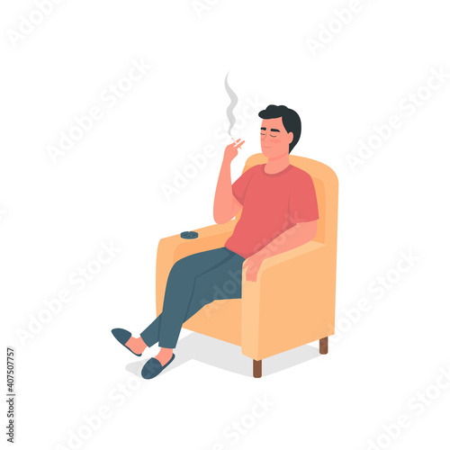Smoking man flat color vector detailed character. Guy with cigarette, ashtray in armchair. Bad habit. Smoker relax in chair isolated cartoon illustration for web graphic design and animation
