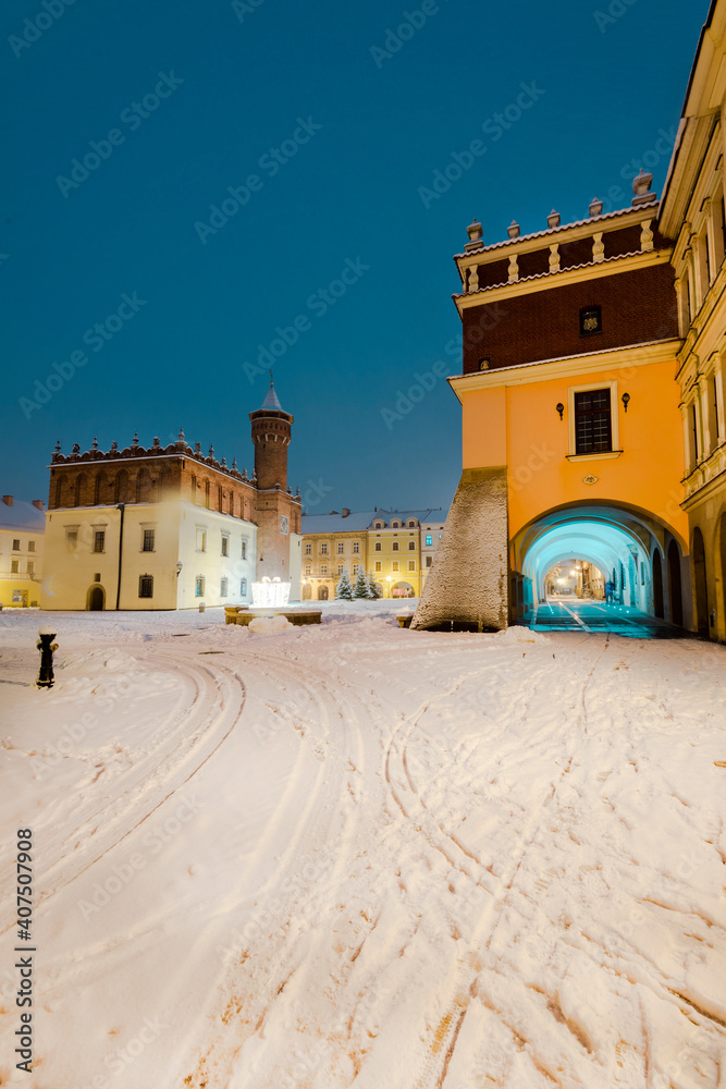City Hall on Main City Square in Old Town. Tarnow Market Square in Snow at Winter. City Lights.Poland