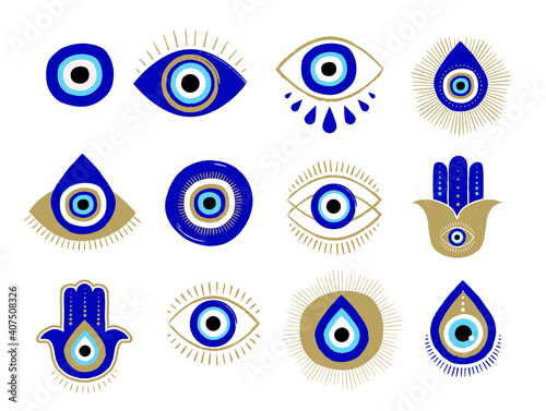 Evil eye or Turkish eye symbols and icons set. Modern amulet design and home decor idea