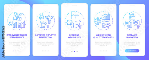 Employee training benefits onboarding mobile app page screen with concepts. Performance, satisfaction walkthrough 5 steps graphic instructions. UI vector template with RGB color illustrations