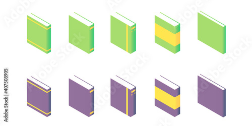 Book isometric - set of paperback literature with various hardcover isolated on white background.