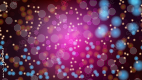 Abstract purple blurred background with bokeh effect. Magical bright festive multicolored beautiful glowing shiny with light spots, round circles. Texture. illustration