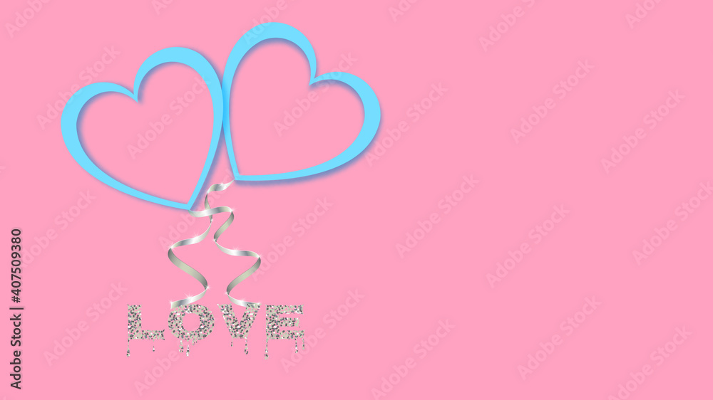 Beautiful abstract blue neon glowing shiny balloons of their hearts with a silver ribbon for Happy Valentine's Day on a pink background with the inscription love and copy space. illustration Beautiful abstract blue neon glowing shiny balloons of their hearts with a silver ribbon for Happy Valentine's Day on a pink background with the inscription love and copy space. illustration