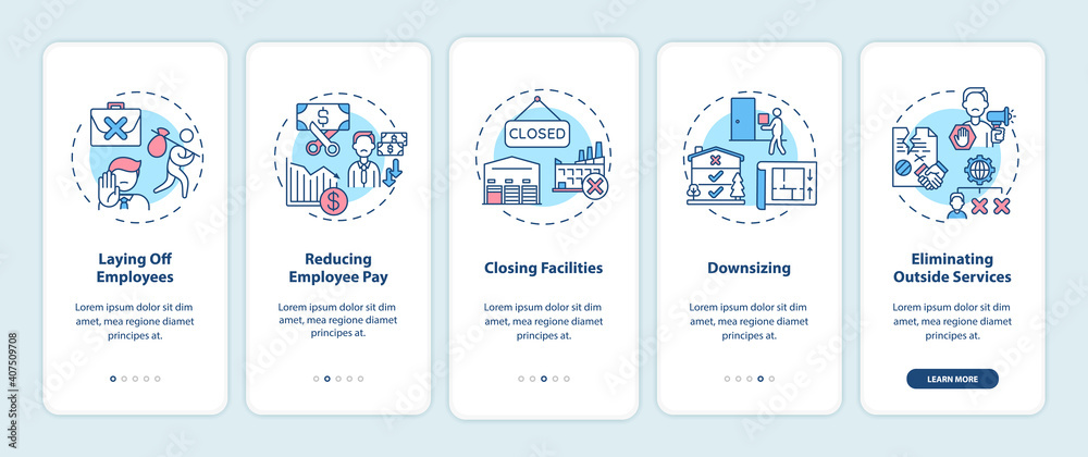 Cost cutting measures onboarding mobile app page screen with concepts. Business optimization walkthrough 5 steps graphic instructions. UI vector template with RGB color illustrations