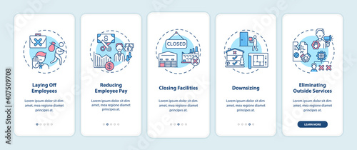 Cost cutting measures onboarding mobile app page screen with concepts. Business optimization walkthrough 5 steps graphic instructions. UI vector template with RGB color illustrations