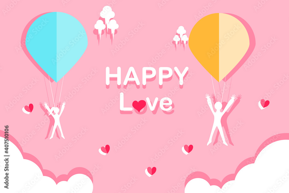 Concept happy love. Model people paper cut and balloon in pink background, couple floating in the air with a balloon with clouds and red hearts. vector paper cut style. Illustration Valentine’s, card