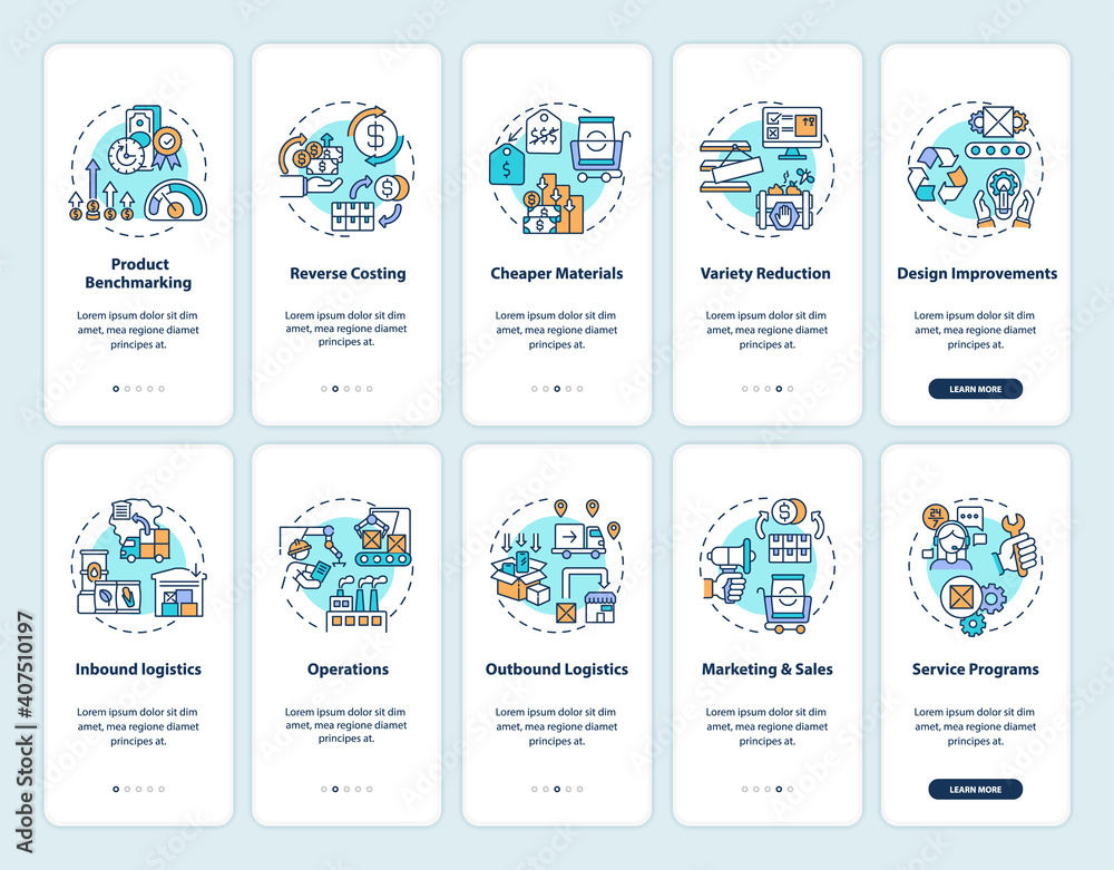 Value chain components onboarding mobile app page screen with concepts set. Business process optimisation walkthrough 5 steps graphic instructions. UI vector template with RGB color illustrations