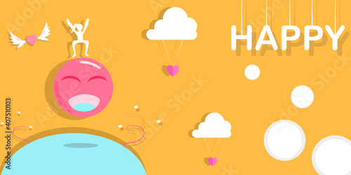 Wallpaper Mural Concept happy people. Female character  Jumping joy  Having fun on a smiling face balloon. Vector flat style. Illustration for content banner happenings, posters, postcards, background happy, enjoy  Torontodigital.ca