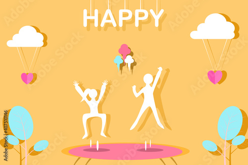 Concept happy people. Happy People Jumping on Trampoline, model teens jumping is happily. Vector flat style. Illustration for content background happy, enjoy, joyful, funny, relax, lifestyle, paper 