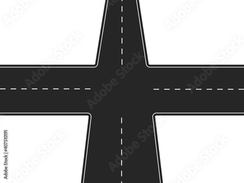 Four way road. Black highway with intersection and white markings traffic crossroads with finding right vector direction.